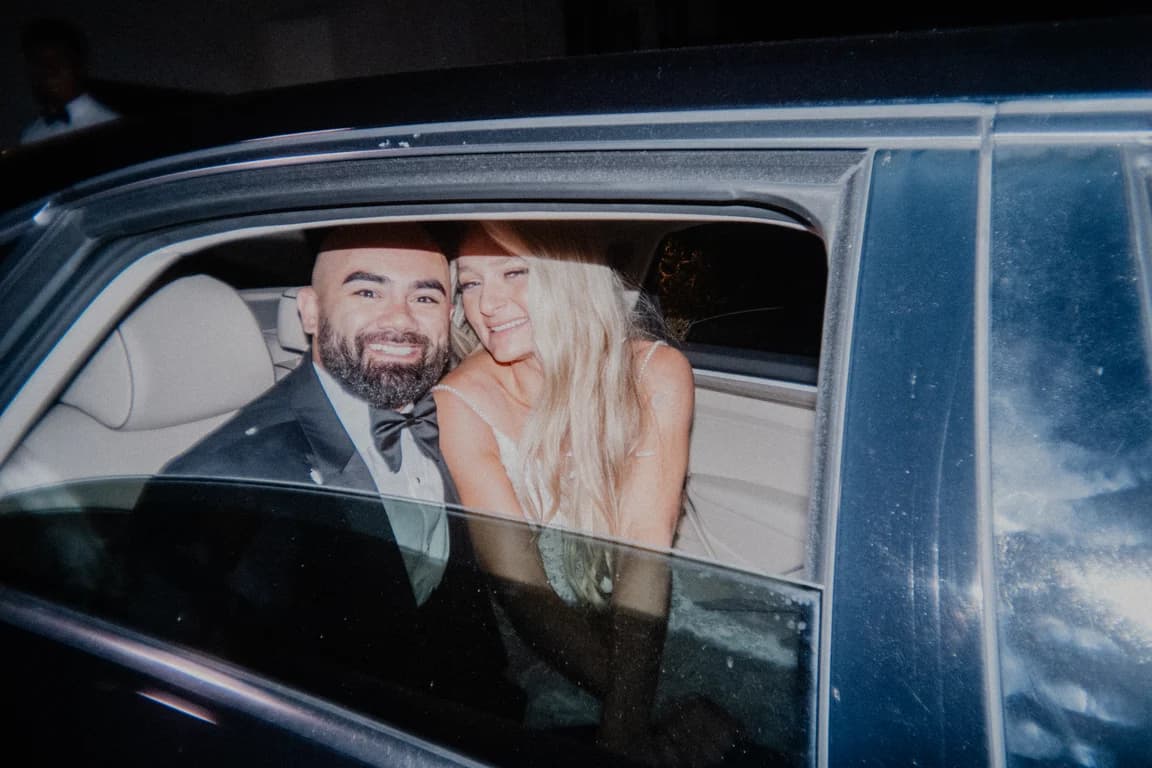 Jovin + Jordyn in the back seat of the getaway car