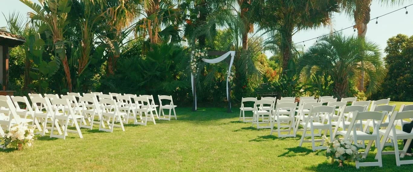 The ceremony setup: white chairs and a draped arch under the palms