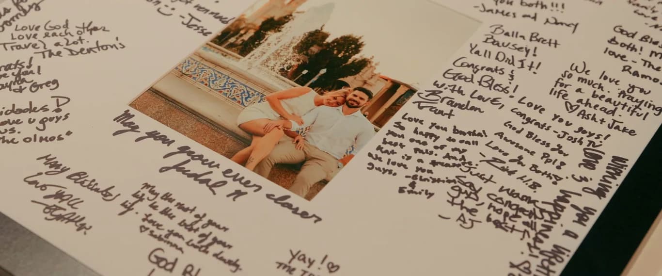Handwritten notes in Brett + Kat's guest book
